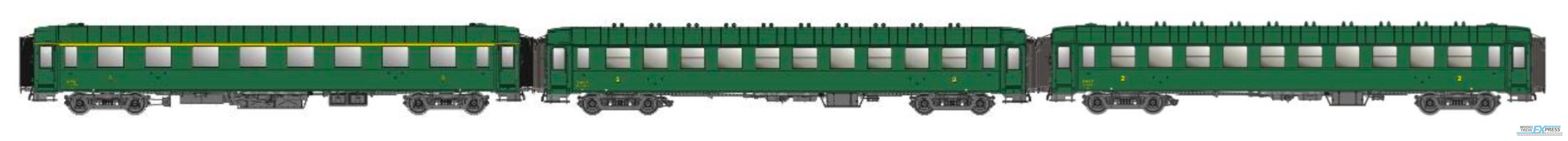 LS Models 40941 OCEM, groen, A8mfyi + B10mfyi + B10mfyi, onderstel grijs, dak en uiteinden groen, / Ep. IIIC-D / SNCF / HO / DC / 3 P.
