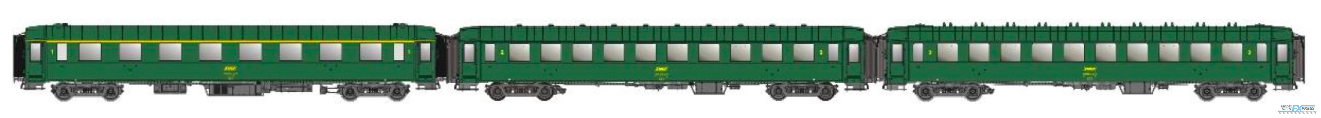 LS Models 40943 OCEM, groen, A8 + B10 + B10, onderstel grijs, dak en uiteinden groen, / Ep. IVA / SNCF / HO / DC / 3 P.