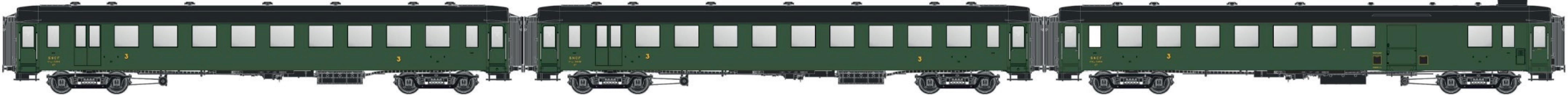 LS Models 40951 OCEM, groen/zwart onderstel en dak, C10yfi + C10yfi + C5Dyi, met binnenverlichting / Ep. IIIa / SNCF / HO / DC / 3 P.