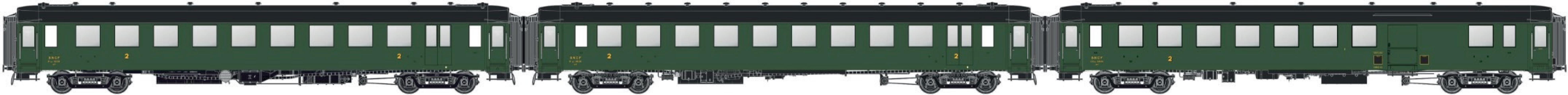 LS Models 40955 OCEM, groen/zwart onderstel en dak, B10myfi + B10myfi + B5Dmyi, met binnenverlichting / Ep. IIIc / SNCF / HO / DC / 3 P.