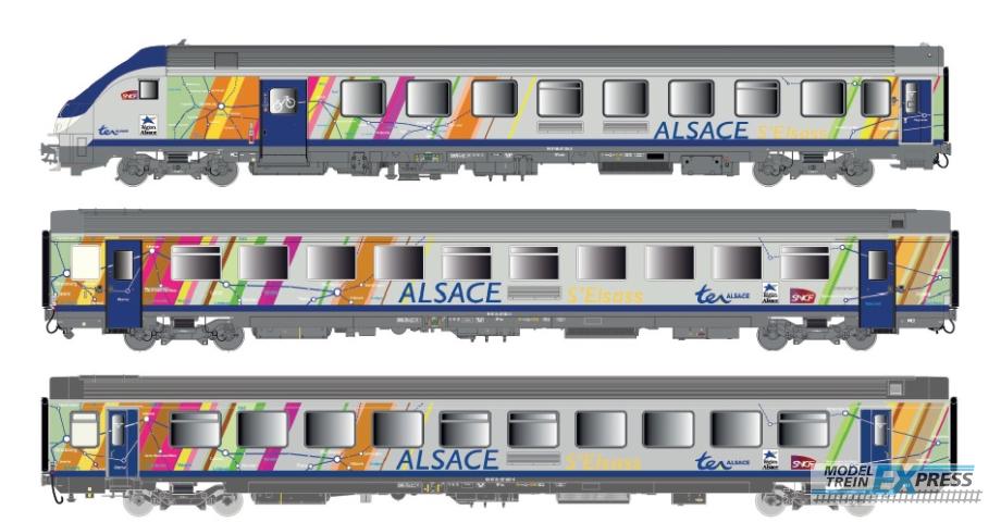 LS Models 41231AC Set VU/VTU, grijs, blauwe band, meerkleurige arceringen, Alsace s'Elsass, carmillon logo  /  Ep. VI  /  SNCF  /  HO  /  DC  /  3 P.