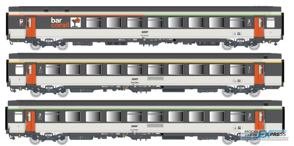LS Models 41998 Set Vtu B5rtux+A10rtu+B11rtu, Corail livrei, omkaderd logo, met binnenverlichting / Ep. IV / SNCF / HO / DC / 3 P.