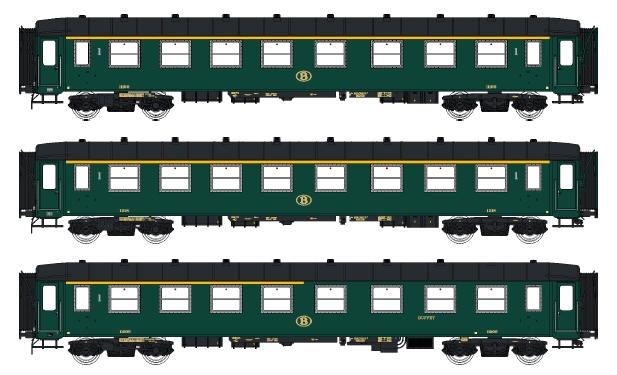 LS Models 42101 A8 + A8 + A4R, groen, zwart dak, alu vensterkader, 2 klassen tijdperk / Ep. IIIC / SNCB / HO / DC / 3
