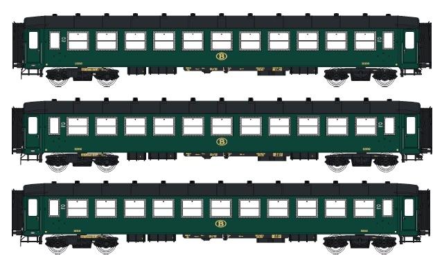 LS Models 42102 B11 + B11 + B11, groen, zwart dak, alu vensterkader, 2 klassen tijdperk / Ep. IIIC / SNCB / HO / DC