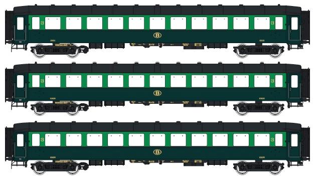 LS Models 42108 I2 C + I2 C + I2 C, licht/donker groen, zwart dak, 3 klassen tijdperk  /  Ep. IIIA  /  SNCB  /  HO  /  DC  /  3 P.