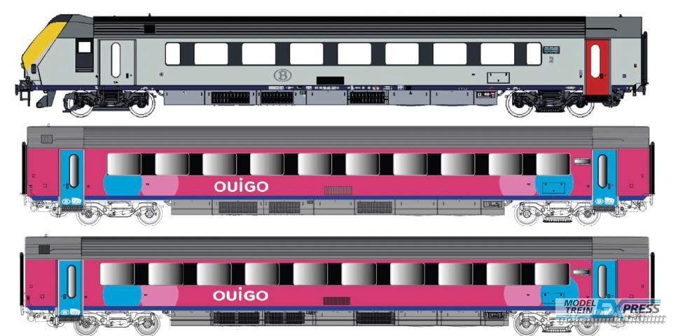 LS Models 43557 Set I11 BDx+B+B, Ouigo, twee/vier roosters, B en SNCF logo's / Ep. VI / SNCB / HO / AC / 3 P.
