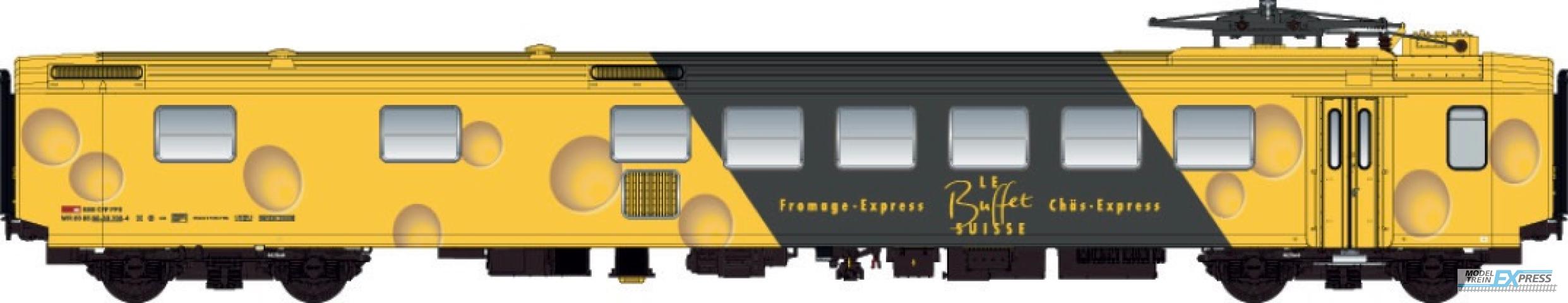 LS Models 47264AC EW I, geel, groene band, kaas livrei, nieuwe logo, Le Buffet Suisse Chäs-Express opschrift  /  Ep. V  /  SBB  /  HO  /  AC  /  1 P.