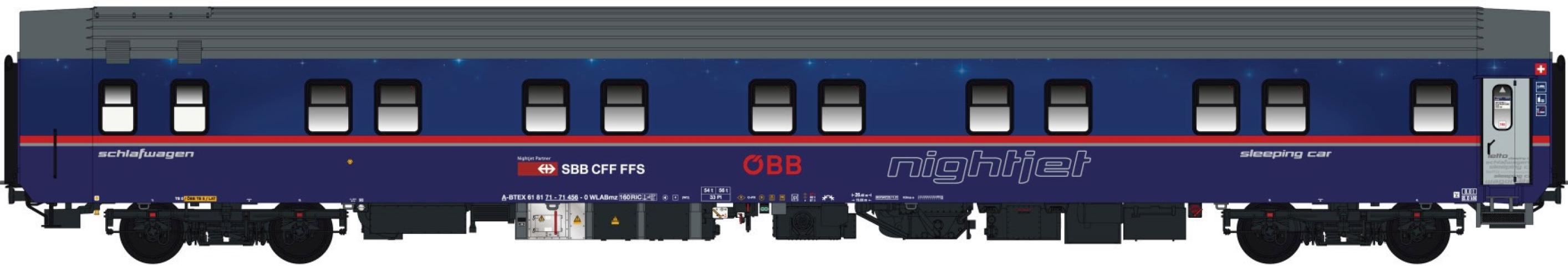LS Models 49000 WLABmz, blauw, grijs dak, "NightJet" logo, ÖBB en SBB logo's / Ep. VI / ÖBB / HO / DC / 1 P.