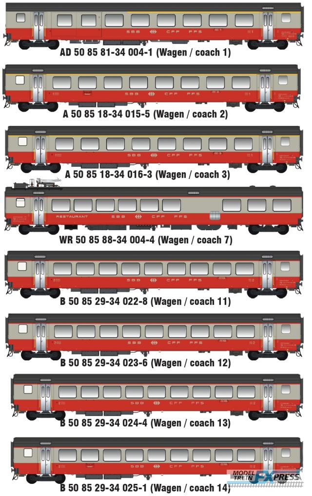 LS Models MW2108-1DC 8-delige set "Swiss Express" St. Gallen - Zürich - Bern - Genève (1975), met binnen- en (wisselende) sluitverlichting / SBB / HO / DC / 8 P.