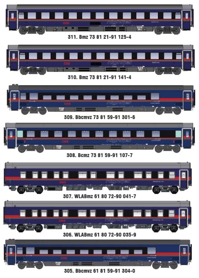 LS Models MW2601DC 7-delige set Nightjet "DANI-DESIGN" Wien-Salzburg-Zürich / Ep. VI / ÖBB / HO / DC / 7 P.