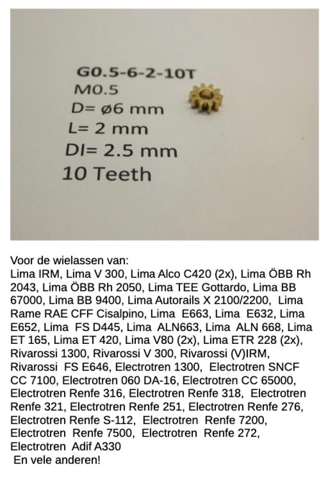 Micromotor.EU G0.5-6-2-10T M0.5 D=ø6 L=2 mm DI=2.5 mm 10 Teeth (Lima, Rivarossi, Electrotren, Jouef)