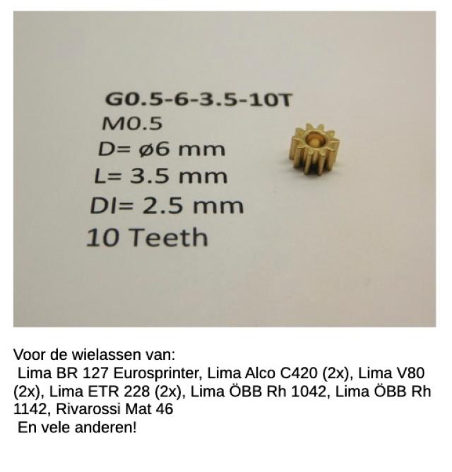 Micromotor.EU G0.5-6-3.5-10T M0.5 D=ø6 L=3.5 mm DI=2.5 mm 10 Teeth (Lima, Rivarossi, Electrotren, Jouef)