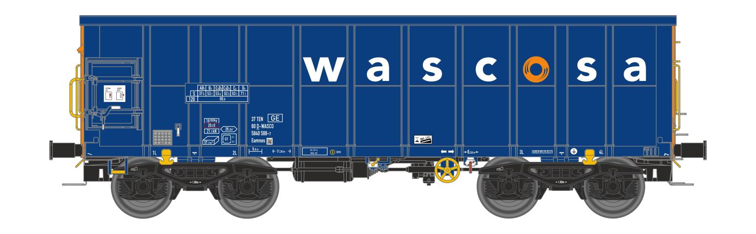 NME 543627AC Off. Güterwag. Eamnos 11,3m "WASCOSA", blau/orange, geänd. Wag.nr., AC