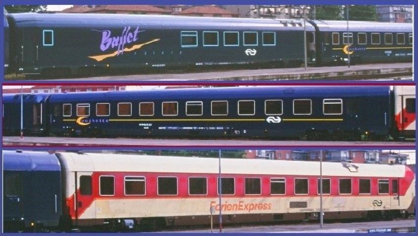 PiRATA 9401 3-delige rijtuigset Milaan - 's-Hertogenbosch 1995, 1 NS buffetrijtuig Vru, blauw, 1 NS couchetterijtuig Bvcmh, blauw, 1 "FerienExpress" couchetterijtuig Bvcmh, tp. V