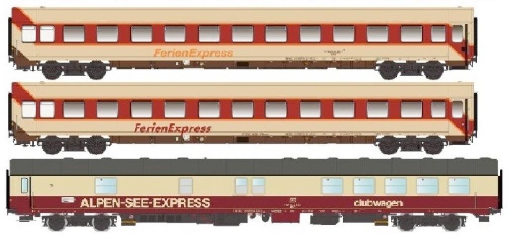 PiRATA 9600 3-delige rijtuigset "FerienExpress", 2 couchetterijtuigen Bvcmh, 1 restauratierijtuig "ClubWagen", tp. IV-V