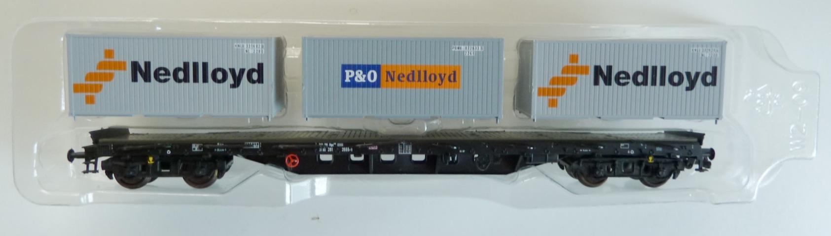 Piko gebruikt materiaal 54165 DB AG Flachwagen Rgs3910 m. 3 x 20' Container Nedlloyd Ep.5-6 z.g.a.n in doos