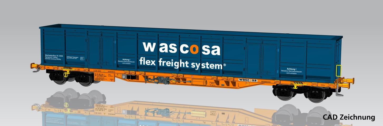 Piko 24566 Containertragwg. Sgnns mit E-Aufbau blau CH-Wascosa VI