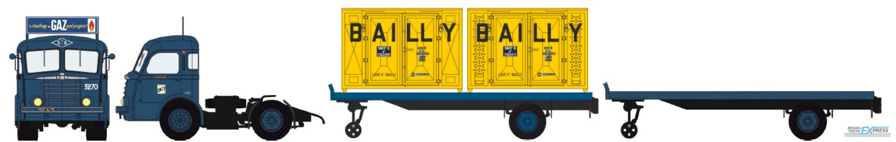 REE models CB-043 Panhard Movic "STA"  blue with publicity - 2 Flat Trailers and 2 containers "BAILLY" (New N°)