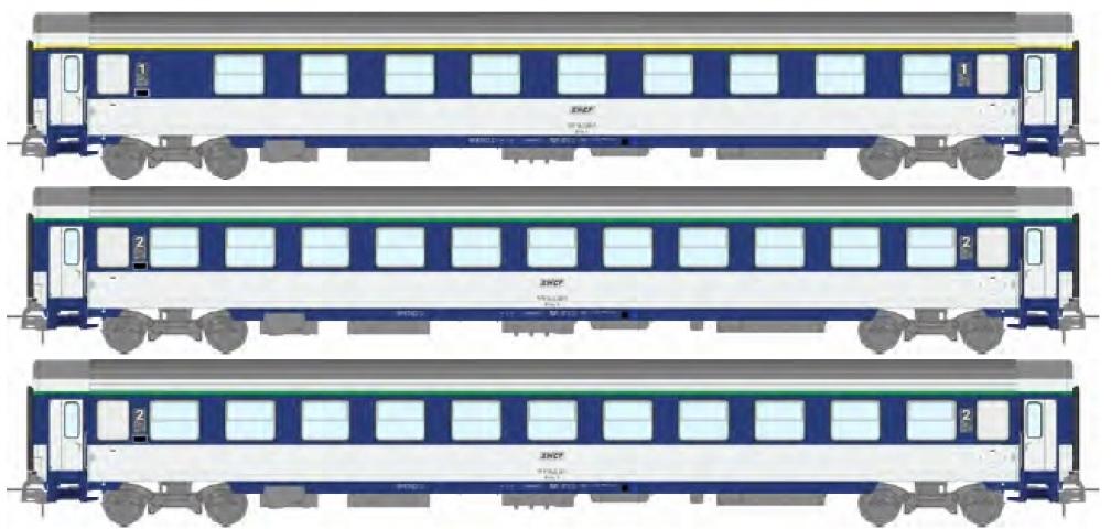 REE models JM-029 Set of 3 VU COUCHETTES sleeper cars (1 x A9c9x / 2 x B10c10x) blue TEN and white,  framed logo, SNCF Ep.IV
