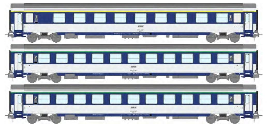 REE models JM-033 Set of 3 VU COUCHETTES sleeper cars (1 x A9c9x / 2 x B10c10x) blue TEN and white, framed logo, Ep.IV-V