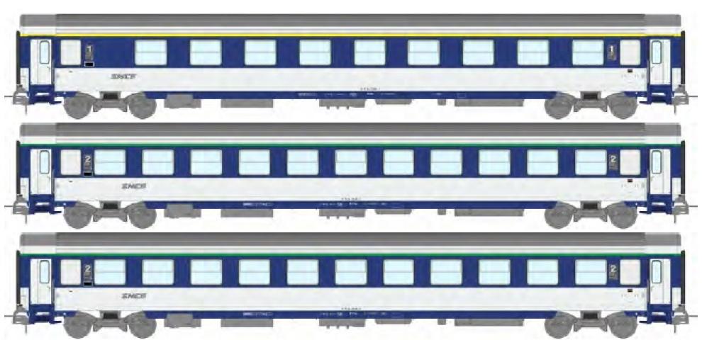 REE models JM-037 Set of 3 VU COUCHETTE sleeper cars (1 x A9c9x / 2 x B10c10x) blue TEN and white, noodle logo, SNCF Ep.IV-V