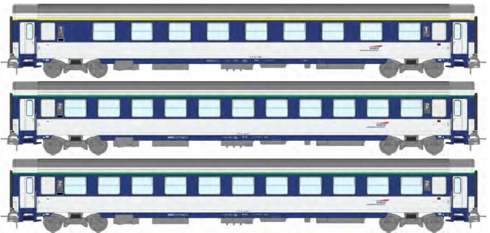 REE models JM-041 Set of 3 VU COUCHETTE sleeper cars (1 x A9c9x / 2 x B10c10x) blue TEN and white, cap logo, SNCF Ep.V-VI
