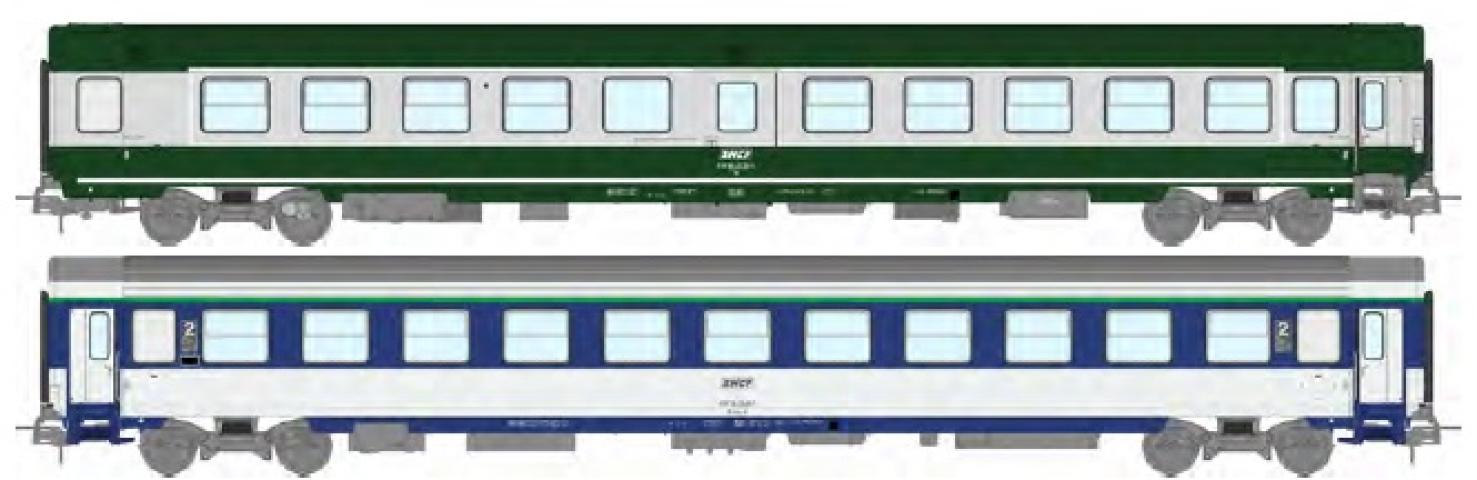 REE models JM-048 Set of 2 passenger cars: 1 AMBULANCE SO and 1 CORAIL VU COUCHETTES B10c10x framed logo SNCF Ep.IV-V