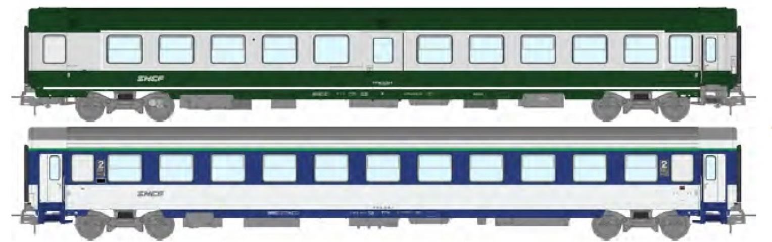REE models JM-050 Set of 2 passenger cars: 1 AMBULANCE SO and 1 CORAIL VU COUCHETTES B10c10x, Noodle logo, SNCF Ep.IV-V