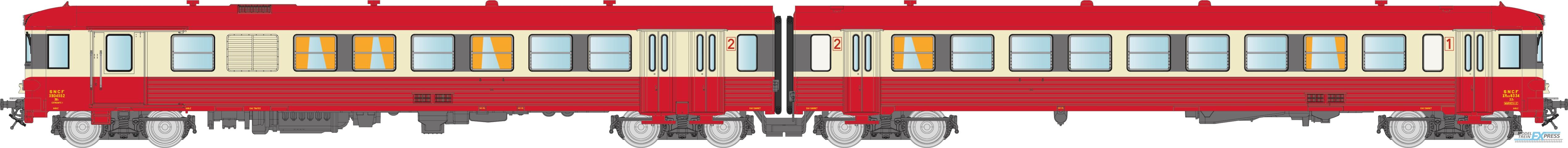 REE models NW-197 EAD red roof, 3 lights, painted SNCF Logo, XBD 4552 + XRAB 8334, MARSEILLE, Era IV