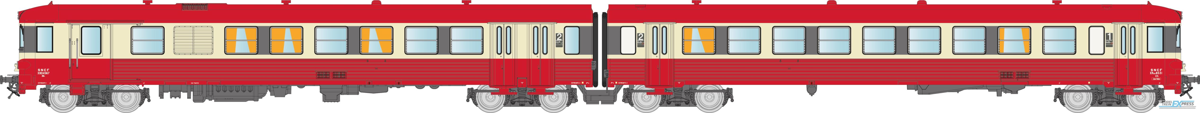 REE models NW-200 EAD red roof, 3 lights, framed logo SNCF Logo, XBD 4567 + XRAB 8531, LYON-VAISE, Era IV-V