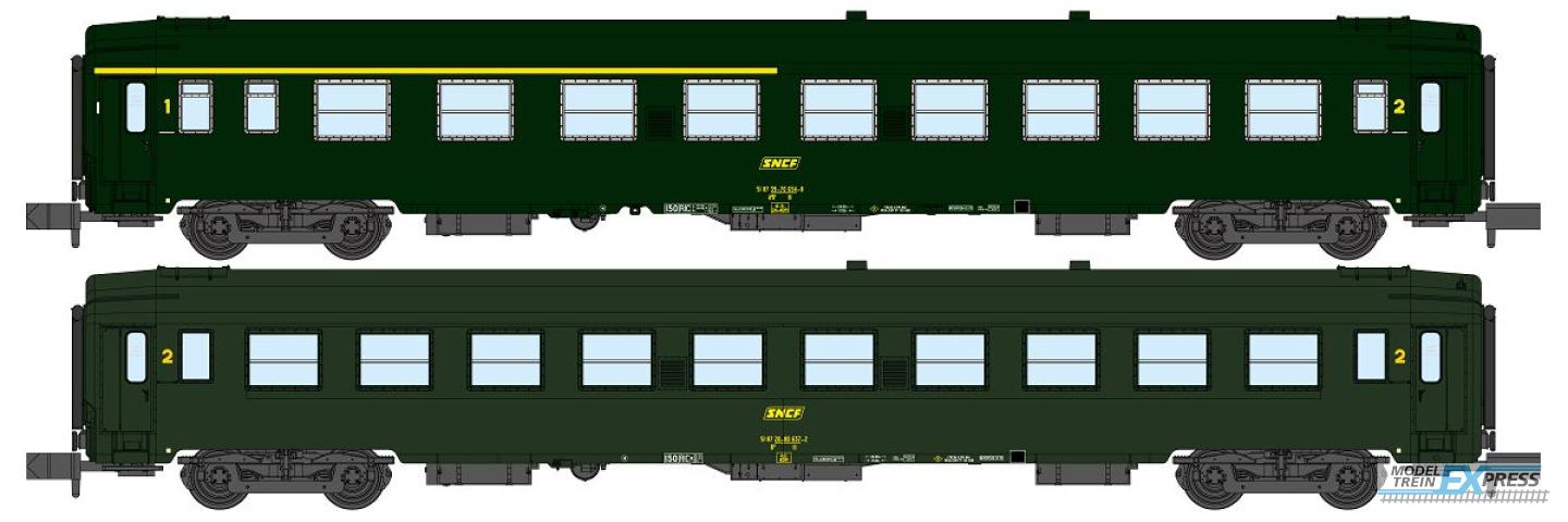 REE models NW-258 Set of 2 UIC Y coaches set, A4B5 and B10, green livery ,boxed SNCF Logo, Period IV