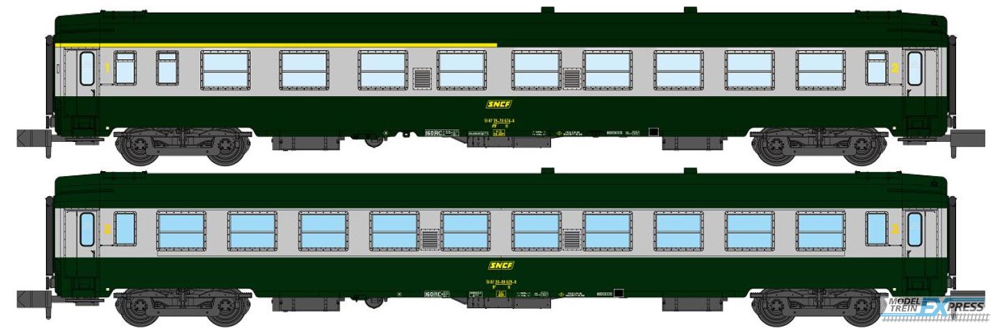 REE models NW-260 Set of 2 UIC Y coaches set, A4B5 and B10, green/metal livery ,boxed SNCF Logo, Period IV