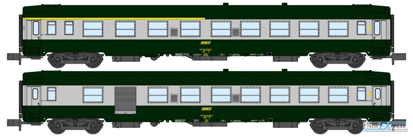 REE models NW-261 Set of 2 UIC Y coaches set, A4B5 and B5D, green/metal livery ,boxed SNCF Logo, Period IV
