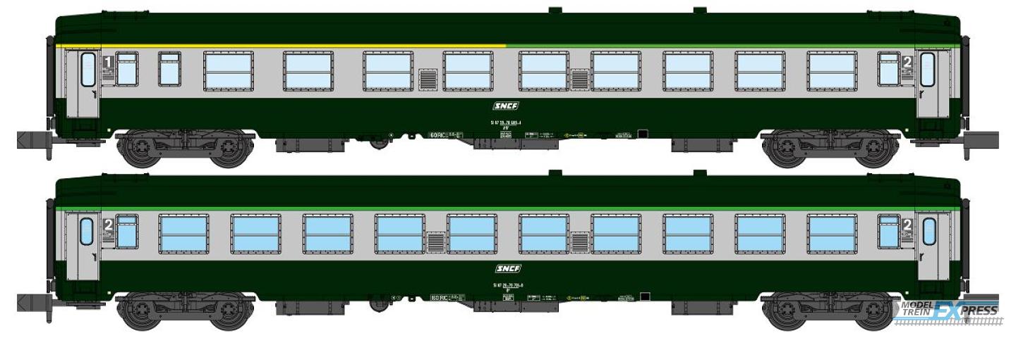 REE models NW-263 Set of 2 UIC Y coaches set, A4B5 and B10, green/concrete grey livery ,boxed SNCF Logo, Period V