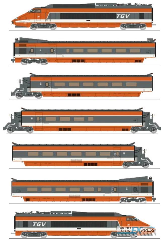 REE models TGV-004S TGV PSE Rame Origine N°16 spring suspension (7 units set : Engines x 2 + R1 lab + R3 + R4 bar + R6 + R1) - DCC SOUND
