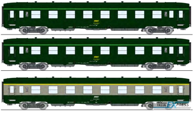 REE models VB-396 SET of 3 DEV AO short cars, A7x ex-B8 U53 green 302/grey 804, and 2 x B8 ex-A8 green 302 SNCF Era IV-V