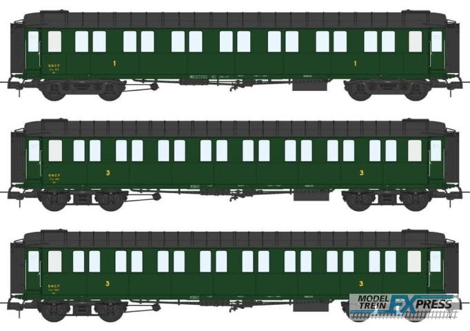 REE models VB-424 Set of 3 Metallic Cars Ex-PLM A7 N°603, C8 N°11813 et 11802, green 306, SNCF Era III A