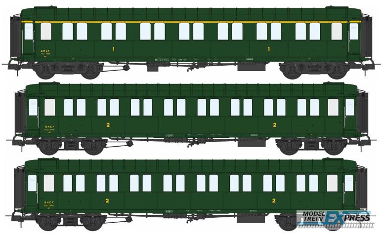 REE models VB-456 Set of 3 Metallic Cars Ex-PLM, A7 N°5439, B8 N°54515 & 54512, Green 306, SNCF Era III B