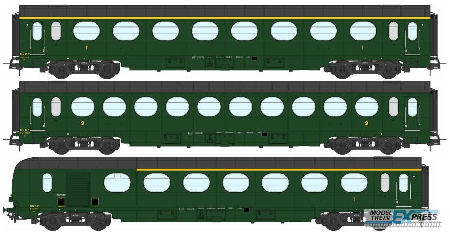 REE models VB-469 Set of 3 ETAT Cars A8, B10 and A6d, green 306, SNCF Period III B