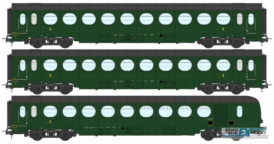 REE models VB-470 Set of 3 ETAT Cars B10, B10 and B5d, green 306, SNCF Period III B