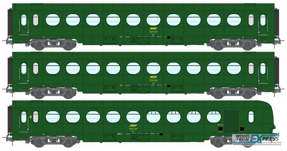REE models VB-475 Set of 3 ETAT Cars B10, B10 and B5d, green 301, SNCF Period IV
