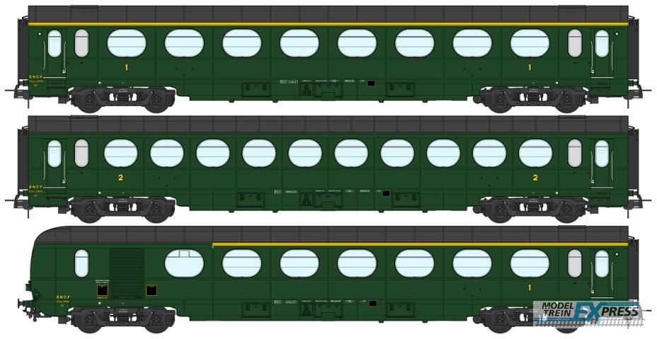 REE models VB-494 Set de 3 Voitures Allégées ÉTAT A8, B10 et A6d, vert 306, SNCF Ep.III B (Nouveaux N° de Voitures)