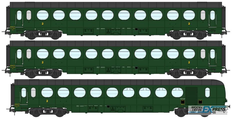 REE models VB-495 Set de 3 Voitures Allégées ÉTAT B10, B10 et B5d, vert 306, SNCF Ep.III B (Nouveaux N° de Voitures)