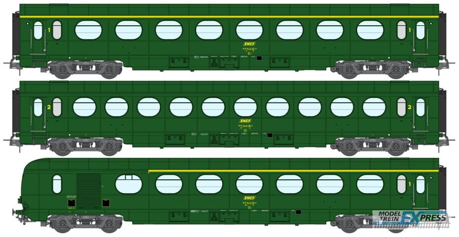 REE models VB-499 Set de 3 Voitures Allégées ÉTAT A8, B10 et A6d, vert 301, SNCF Ep.IV (Nouveaux N° de Voitures)