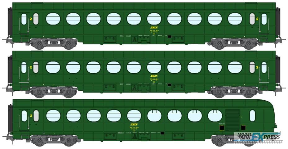 REE models VB-500 Set de 3 Voitures Allégées ÉTAT B10, B10 et B5d, vert 301, SNCF Ep.IV (Nouveaux N° de Voitures)