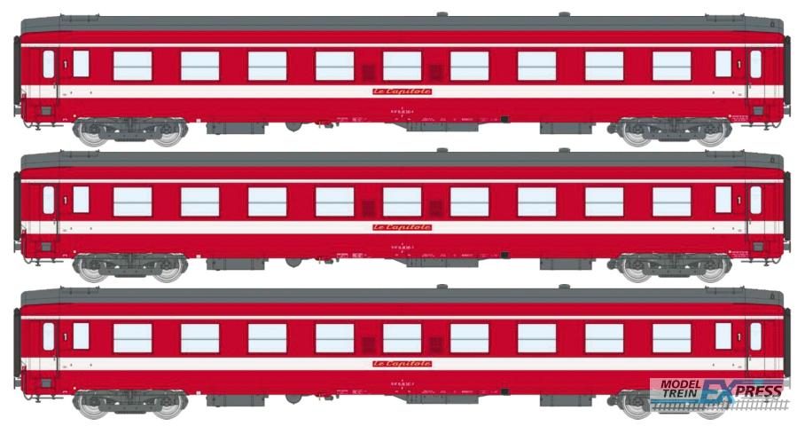 REE models VB-504 CAPITOLE - COFFRET 3 VOITURES UIC (3 x A9) Livrée Rouge - Plaque "Le Capitole" Ep.IV - Eclairage
