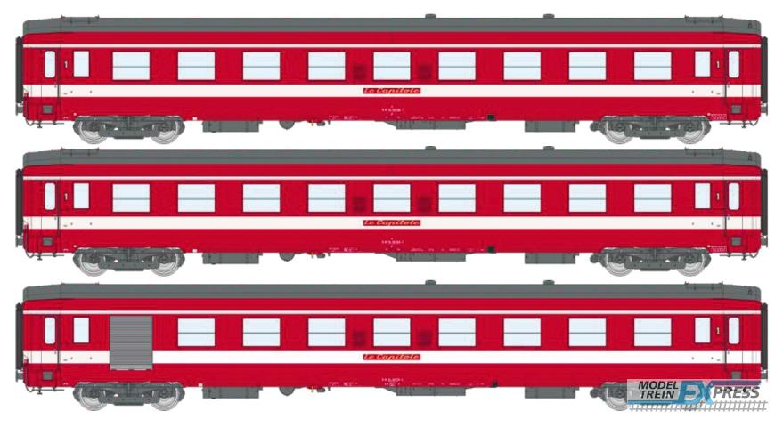 REE models VB-505 CAPITOLE - COFFRET 3 VOITURES UIC (3 x A9 et 1 x A7D) Livrée Rouge - Plaque "Le Capitole" Ep.IV - Eclairage