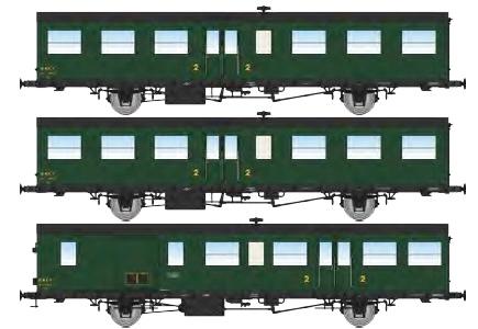 REE models VB-540 Set of 3 « Sud Ouest » 16m passenger cars, 306 green, period IIIa (2 x B6T, 1 B4Dq)