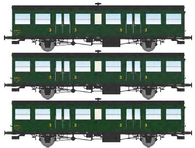REE models VB-541 Set of 3 « Sud Ouest » 15m passenger cars, 306 green, period IIIa (2 x C6T, 1 C6Pt)