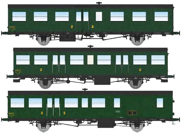 REE models VB-546 Set of 3 « Sud Ouest » 16m passenger cars, 306 green, period IIIa (2 x B6T, 1 B4Dq)